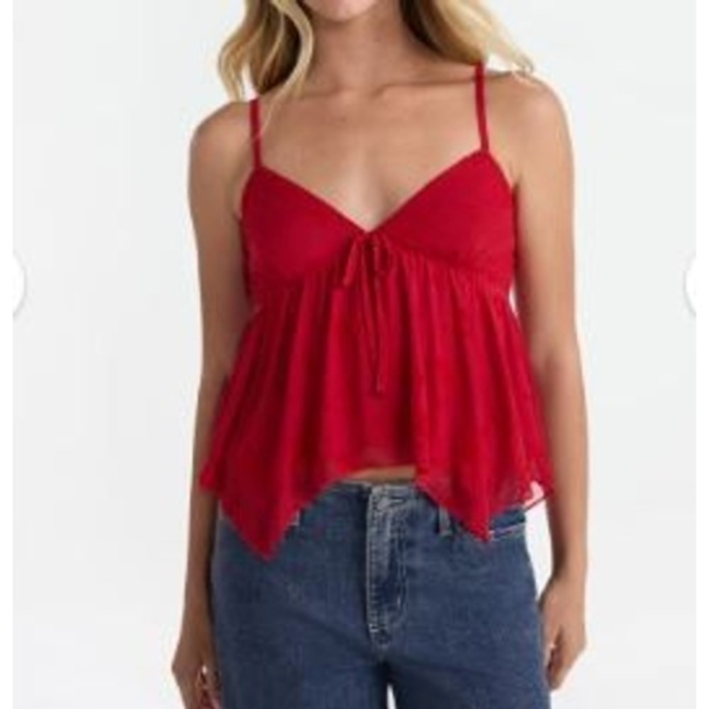 No Boundaries Red Burnout Floral Babydoll Sz XL Camisole Handkerchief Hem Top